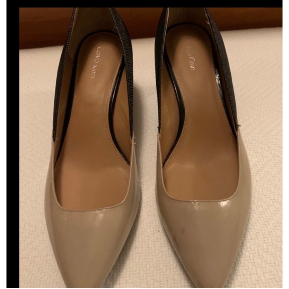 Calvin Klein heels, size 9.5 with beige leather and black
